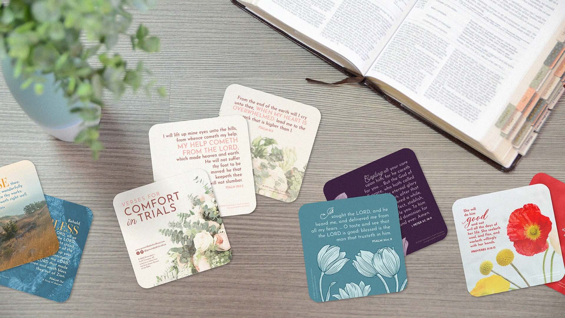 bible verse study cards on table with greenery and bible
